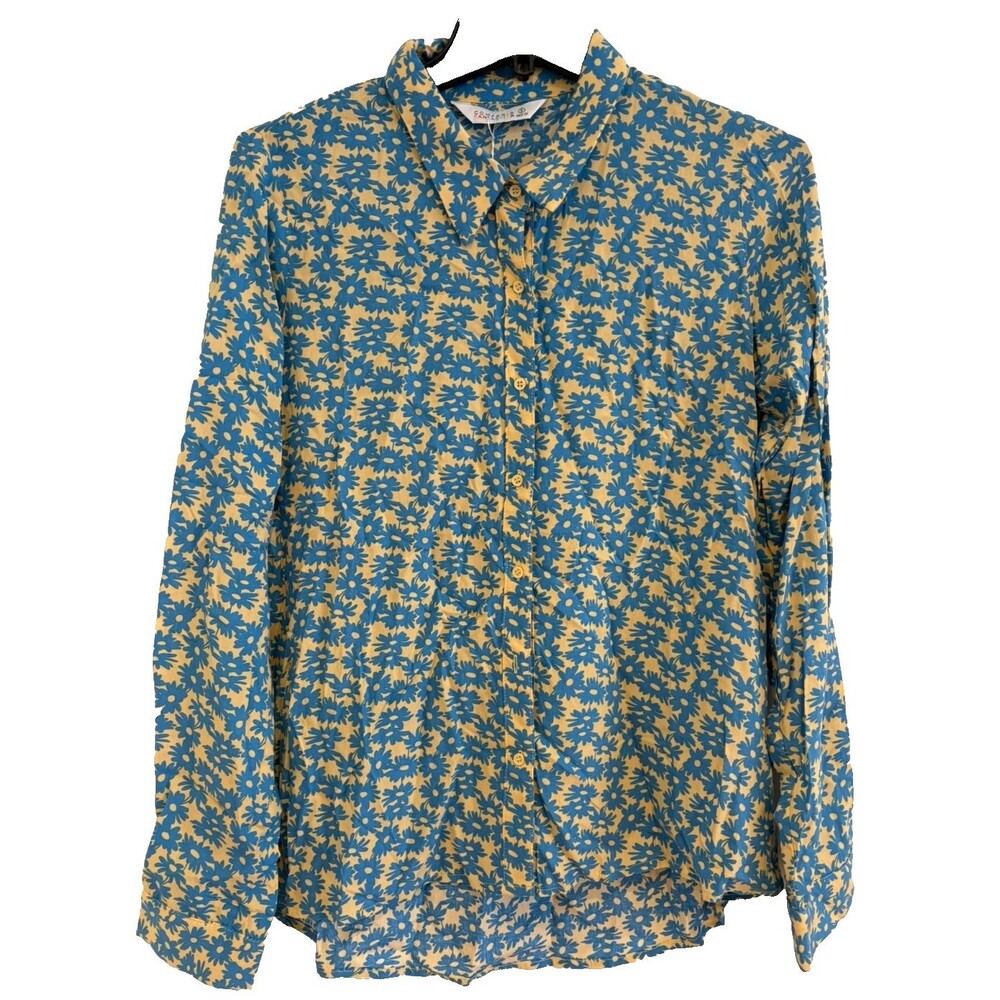 Compania Fantastica Women's Shirt Small Floral Blue Yellow Daisy Long Sleeve NWT